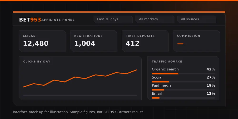 BET953 Partners affiliate dashboard showing clicks, registrations and commission